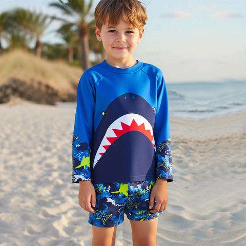 Maillot de Bain Manches Longues pour Garçons Imprimé Requin Haut Rash Guard et Short de Bain Protection Solaire Été Plage Enfants
