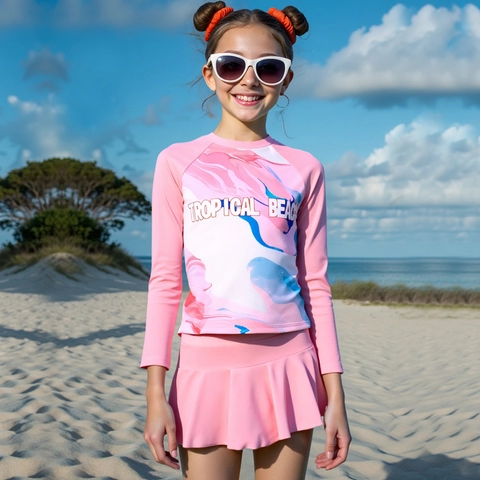 Ensemble de Maillots de Bain Rash Guard à Manches Longues pour Filles Maillot de Bain Imprimé Tie Dye Rose Avec Jupe de Bain Plissée Vêtements de Plage