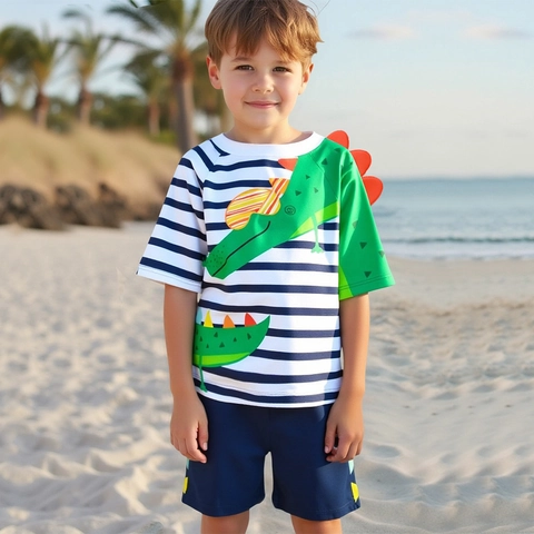 Maillot de Bain Deux Pièces Garçon Rayé Anti-UV Manches Courtes Avec Aileron de Dinosaure 3D Short de Bain Été Plage