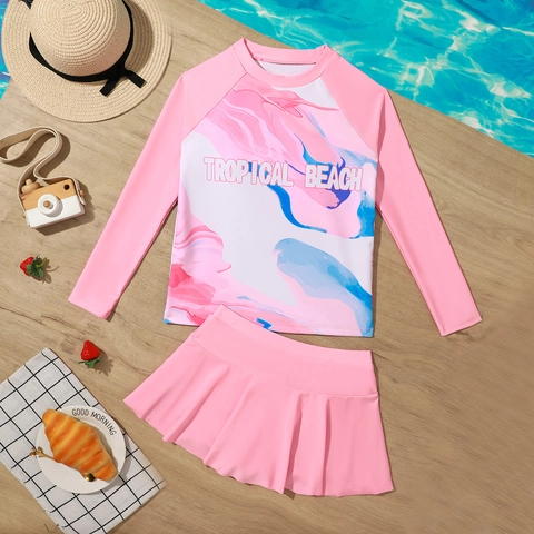 Ensemble de Maillots de Bain Rash Guard à Manches Longues pour Filles Maillot de Bain Imprimé Tie Dye Rose Avec Jupe de Bain Plissée Vêtements de Plage
