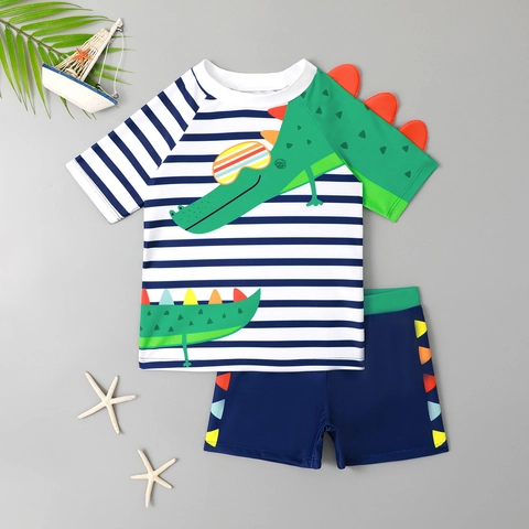 Maillot de Bain Deux Pièces Garçon Rayé Anti-UV Manches Courtes Avec Aileron de Dinosaure 3D Short de Bain Été Plage