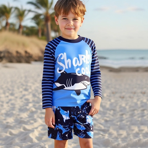 Polyester Spandex Kids Boys Two Piece Swimsuit Cartoon Shark Long Sleeve Rash Guard Quick Dry Swimwear Top And Bottom Shorts