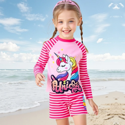 Girls Long Sleeve Swimwear Top And Pants Pink Stripe Cartoon Unicorn UV Protection Quick Dry Athletic Swimsuit For Children