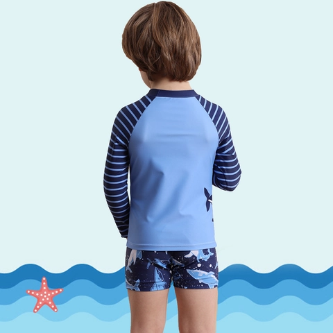 Polyester Spandex Kids Boys Two Piece Swimsuit Cartoon Shark Long Sleeve Rash Guard Quick Dry Swimwear Top And Bottom Shorts