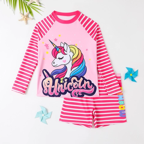 Maillot de Bain Deux Pièces Rashguard à Manches Longues Rose pour Filles Licorne Rayé Protection Solaire pour Enfants Plage Piscine