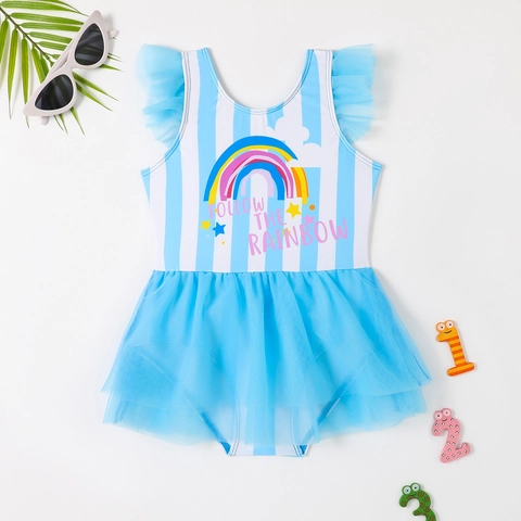 Maillot de Bain Une Pièce à Rayures Arc-en-Ciel Pour Filles Avec Jupe En Maille Douce Princesse Manches Volantées Été