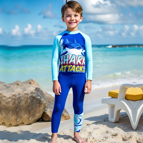 Ensemble Haut Rash Guard à Manches Longues Et Pantalon Pour Garçons Maillot De Bain Imprimé Requin Dessin Animé Protection Solaire UPF 50 Plus Bleu