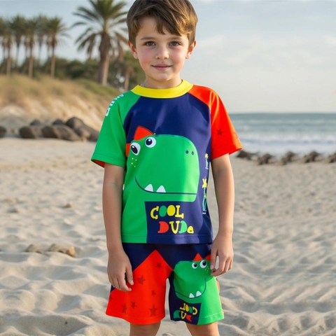 Maillot de Bain Enfant Garçon Manches Courtes Imprimé Dinosaure Haut Et Pantalon Et Bonnet de Bain Séchage Rapide Protection Solaire