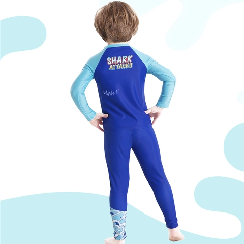 Ensemble Haut Rash Guard à Manches Longues Et Pantalon Pour Garçons Maillot De Bain Imprimé Requin Dessin Animé Protection Solaire UPF 50 Plus Bleu