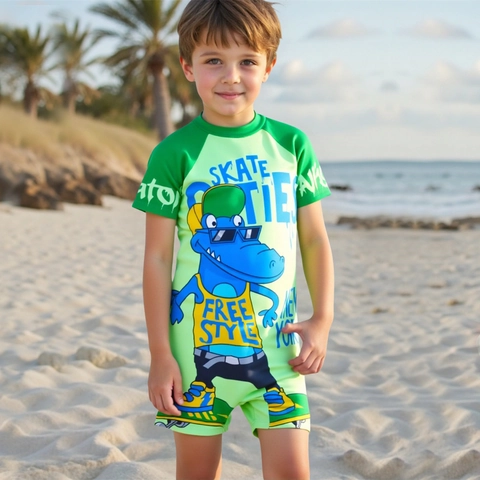 Maillot de Bain Une Pièce pour Garçon Manches Courtes Dessin Animé Crocodile Protection Solaire UPF50 Plus Fermeture Éclair Vert Avec Bonnet de Bain