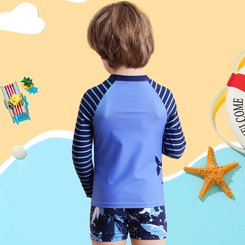 Ensemble de Maillot de Bain pour Garçons Imprimé Requin Haut Et Pantalon Manches Longues Protection Solaire Séchage Rapide Bleu Rayé