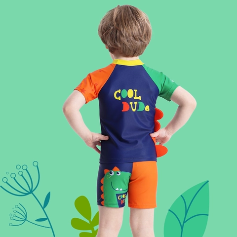 Maillot de Bain Enfant Garçon Manches Courtes Imprimé Dinosaure Haut Et Pantalon Et Bonnet de Bain Séchage Rapide Protection Solaire