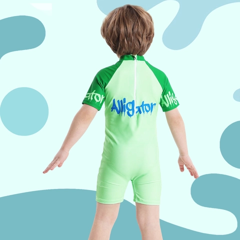 Maillot de Bain Une Pièce pour Garçon Manches Courtes Dessin Animé Crocodile Protection Solaire UPF50 Plus Fermeture Éclair Vert Avec Bonnet de Bain