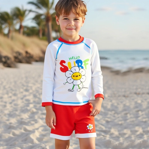 Ensemble de Maillot de Bain Deux Pièces pour Garçons avec Imprimé Tournesol Manches Longues Protection Solaire Blanc Rouge