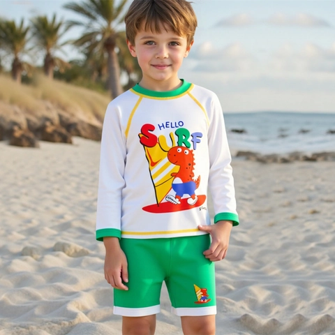 Maillot de Bain Garçon Ensemble Haut Et Pantalon Rash Guard Manches Longues Imprimé Dinosaure Cartoon Protection Solaire Séchage Rapide