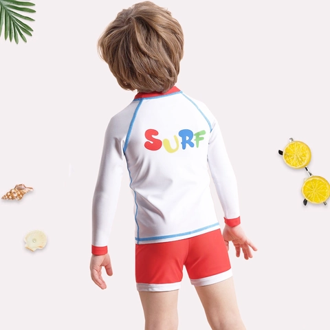 Ensemble de Maillot de Bain Deux Pièces pour Garçons avec Imprimé Tournesol Manches Longues Protection Solaire Blanc Rouge