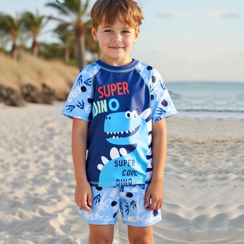 Maillot de Bain Deux Pièces Garçon Haut Manches Courtes Et Short de Bain Imprimé Dinosaure UPF 50 Séchage Rapide Enfants