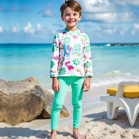 Maillot de Bain Rash Guard à Manches Longues pour Garçons Haut Et Pantalon Protection Solaire Imprimé Dinosaure Vert Menthe Séchage Rapide