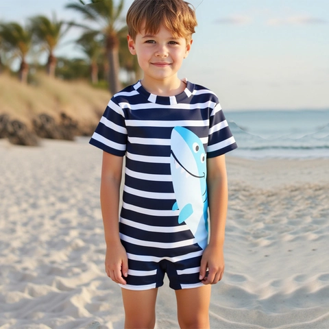 Maillot de Bain Une Pièce pour Garçons Manches Courtes Protection Solaire Requin Rayé Avec Aileron 3D pour Enfants Plage