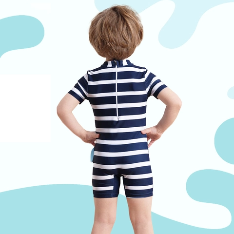 Maillot de Bain Une Pièce pour Garçons Manches Courtes Protection Solaire Requin Rayé Avec Aileron 3D pour Enfants Plage