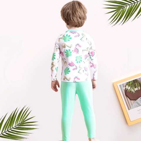 Maillot de Bain Rash Guard à Manches Longues pour Garçons Haut Et Pantalon Protection Solaire Imprimé Dinosaure Vert Menthe Séchage Rapide