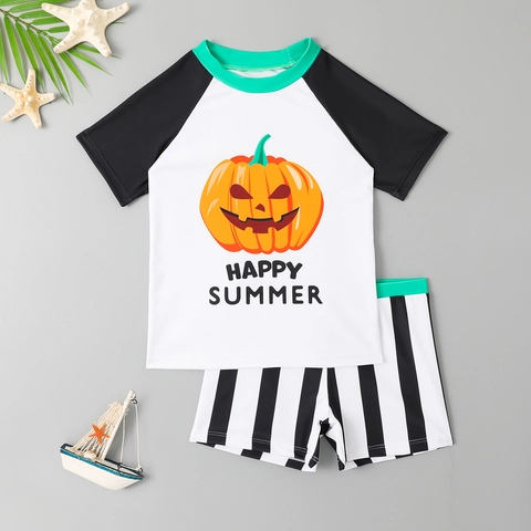 Maillot De Bain Garçon Haut À Manches Courtes Et Short Rayé Avec Imprimé Citrouille Protection Solaire Pour Enfants