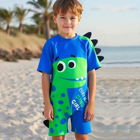 Jungen Ein teiliger Badeanzug Cartoon Dinosaurier Druck Mit 3D Flosse Reißverschluss Hinten Kurzarm Kinder Strandbekleidung UPF 50 Plus Badebekleidung