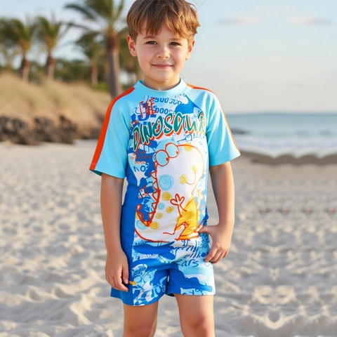 Maillot de Bain Une Pièce pour Garçons Imprimé Dinosaure Manches Courtes Protection Solaire Maillot de Bain pour Enfants Bleu Orange Épissage Maillot de Surf Avec Bonnet de Bain