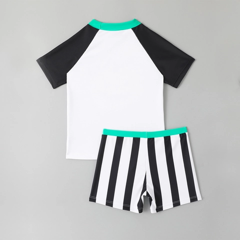 Maillot De Bain Garçon Haut À Manches Courtes Et Short Rayé Avec Imprimé Citrouille Protection Solaire Pour Enfants