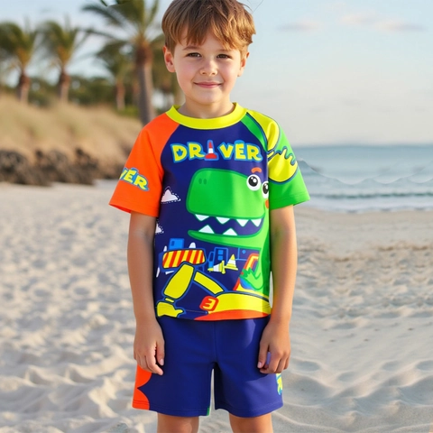 Maillot de Bain Garçon Manches Courtes Dinosaure Excavatrice Dessin Animé Rash Guard Haut Et Short de Bain Et Chapeau UPF50 Solaire