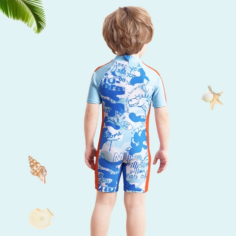 Maillot de Bain Une Pièce pour Garçons Imprimé Dinosaure Manches Courtes Protection Solaire Maillot de Bain pour Enfants Bleu Orange Épissage Maillot de Surf Avec Bonnet de Bain