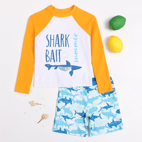Boys Rash Guard Swimwear Set Long Sleeve Shark Print Two Piece Swimsuit Top And Shorts Bathing Suit For Kids Summer Beach
