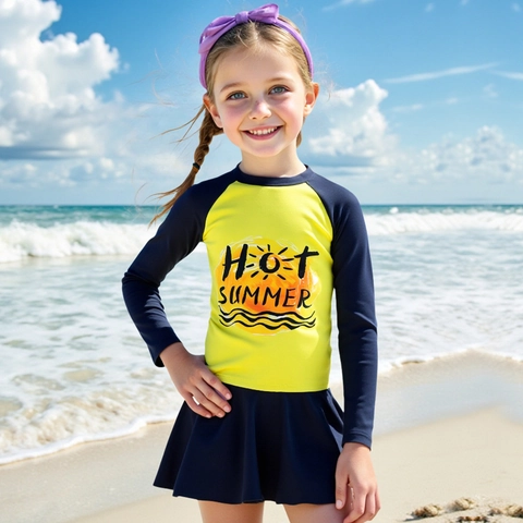 Maillot de Bain Manches Longues pour Filles Enfants Protection Solaire Plage Deux Pièces Avec Jupe Costume de Natation Imprimé Hot Summer Rash Guard