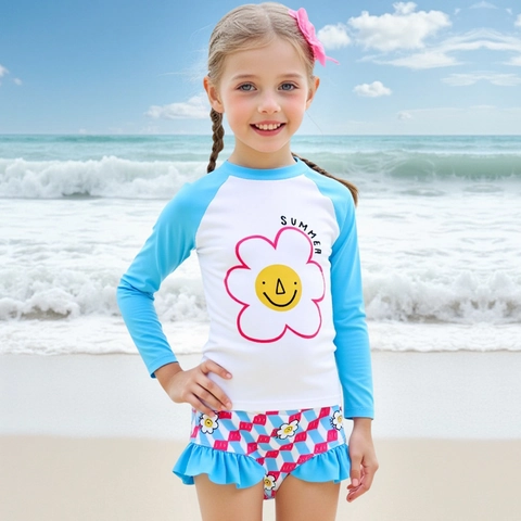 Girls Long Sleeve Rash Guard Swimsuit Flower Print Ruffled Bikini Bottom UV Sun Protection Polyester Spandex Swimwear