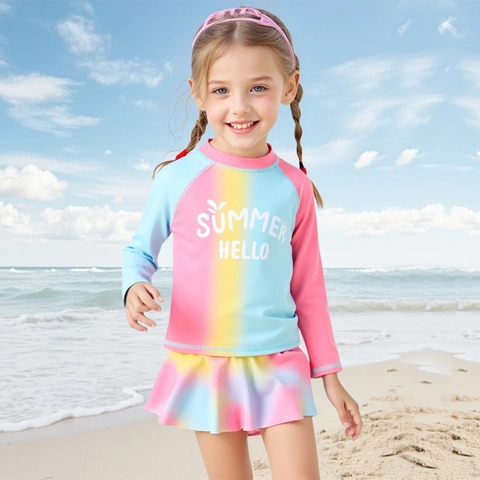 Girls Long Sleeve Rash Guard Top And Skirt Swimsuit Gradient Rainbow Sun Protection Summer Beach Vacation Bathing Suit