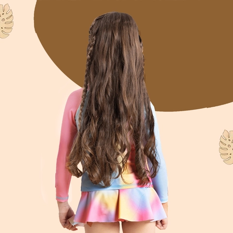 Girls Long Sleeve Rash Guard Top And Skirt Swimsuit Gradient Rainbow Sun Protection Summer Beach Vacation Bathing Suit