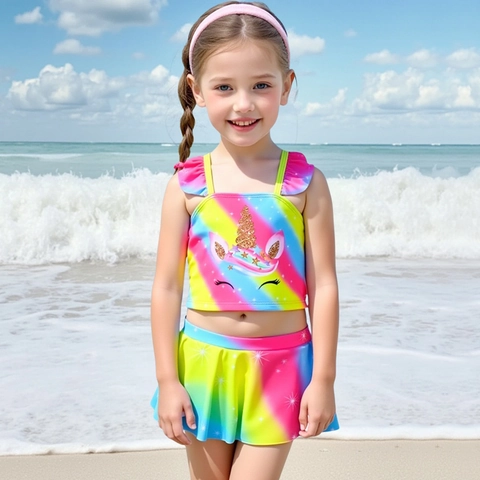 Costume da Bagno Tankini da Ragazza con Unicorno e Sfumatura Arcobaleno Top con Volant e Pantaloncini per Bambini Mare Festa in Piscina