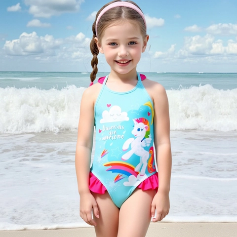 Girls One-Piece Swimsuit Unicorn Rainbow Print Ruffle Strappy Bathing Suit Summer Beach Swimwear For Kids