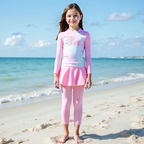 Costume da Bagno da Ragazza Due Pezzi a Manica Lunga Con Leggings a Gonnellina Tie Dye Stampa Love Protezione Solare Top E Pantaloni