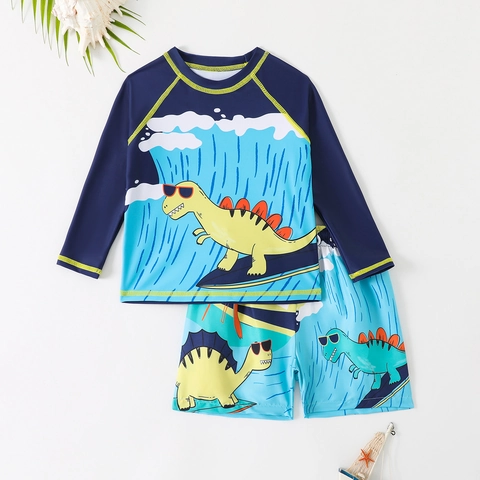 Jungen Cartoon Dinosaurier Langarm Badeanzug Set Rash Guard Zweiteilige Bademode Oberteil Und Hose Für Kinder Strand Pool