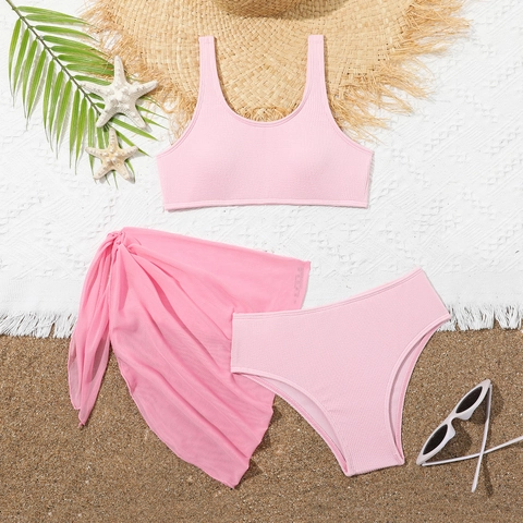 Costume da Bagno a Costine per Ragazze Set da 3 Pezzi Bikini Rosa Con Gonna Sarong per Vacanze al Mare Asciugatura Rapida Bambini Estate