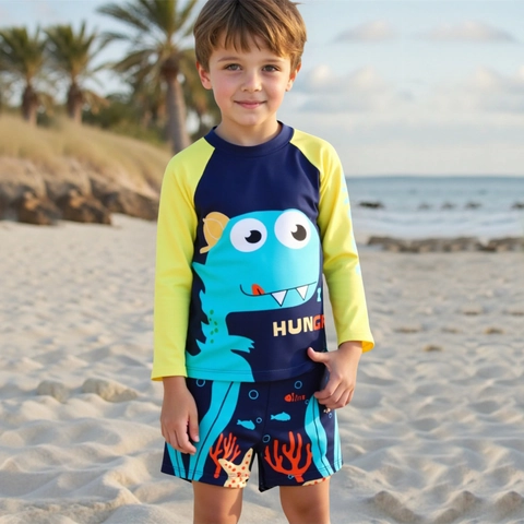 Boys Long Sleeve Dinosaur Swimsuit Set Two Piece Rash Guard UV Protection Bathing Suit Quick Dry Navy Blue Yellow