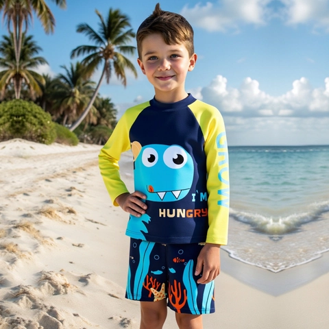 Boys Long Sleeve Dinosaur Swimsuit Set Two Piece Rash Guard UV Protection Bathing Suit Quick Dry Navy Blue Yellow