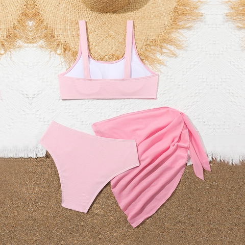 Costume da Bagno a Costine per Ragazze Set da 3 Pezzi Bikini Rosa Con Gonna Sarong per Vacanze al Mare Asciugatura Rapida Bambini Estate