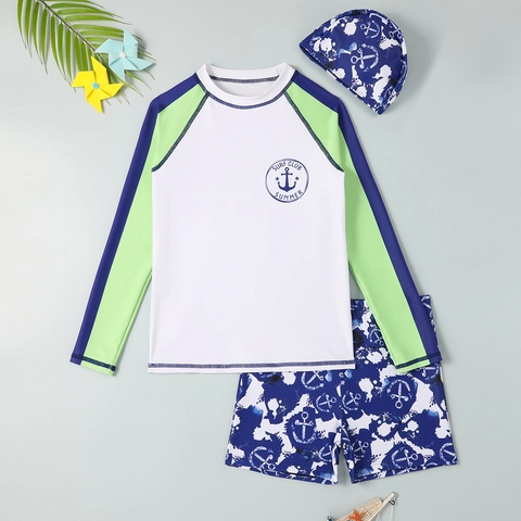 Maillot de Bain Rash Guard Manches Longues Garçon Avec Short et Bonnet de Bain Séchage Rapide Protection UV Imprimé Ancre