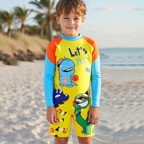 Maillot de Bain Une Pièce pour Garçons Manches Longues Protection Solaire Fermeture Éclair Dos Imprimé Dinosaure Séchage Rapide Enfants