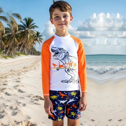 Costume da Bagno a Maniche Lunghe per Bambini Ragazzi Stampa Dinosauro Due Parti Rash Guard Protezione Solare Con Pantaloncini