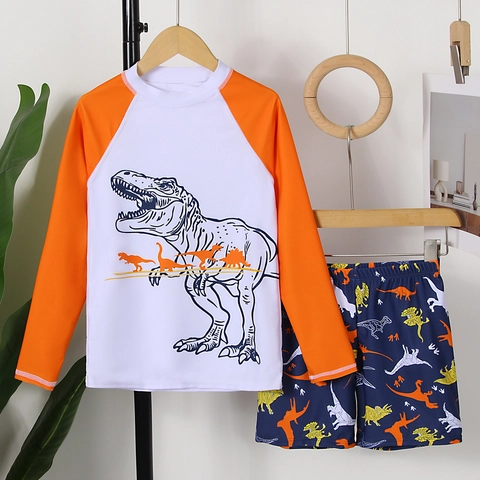 Costume da Bagno a Maniche Lunghe per Bambini Ragazzi Stampa Dinosauro Due Parti Rash Guard Protezione Solare Con Pantaloncini