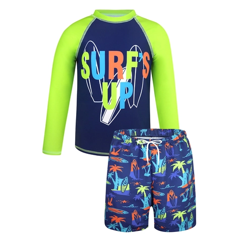 Jungen Langarm Zweiteiliges Badeanzug Set Polyester Schnelltrocknend Sonnenschutz Rash Guard Mit Bedruckten Badehosen Kinder Strandbekleidung