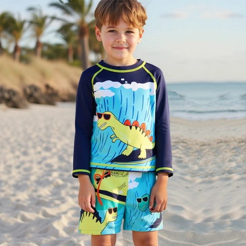 Jungen Cartoon Dinosaurier Langarm Badeanzug Set Rash Guard Zweiteilige Bademode Oberteil Und Hose Für Kinder Strand Pool